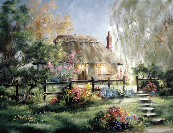 Серия "Пейзажи" - пейзаж, домик, цветы - оригинал