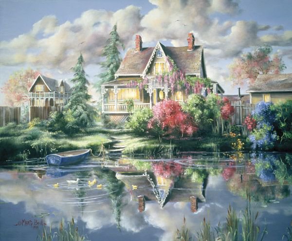 Серия "Пейзажи" - пейзаж, цветы, домик, река, лето - оригинал