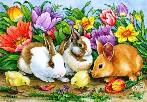 Пасхальные кролики - крокусы, кролики, зайчики, яички, пасха, праздник, цыплята - оригинал