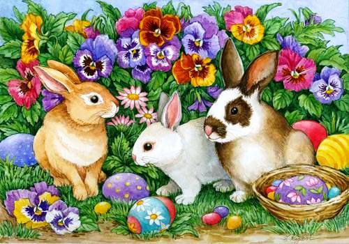 Пасхальные кролики - яички, цыплята, зайчики, пасха, анютки, кролики, праздник - оригинал