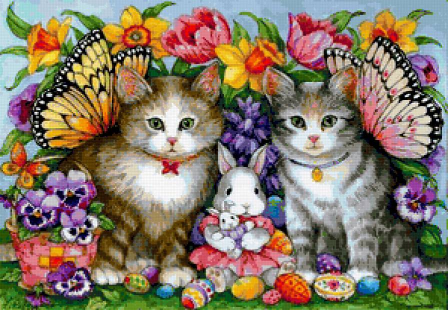 Пасхальная картина - зайчики, кошки, цыплята, кролики, праздник, яички, пасха - предпросмотр