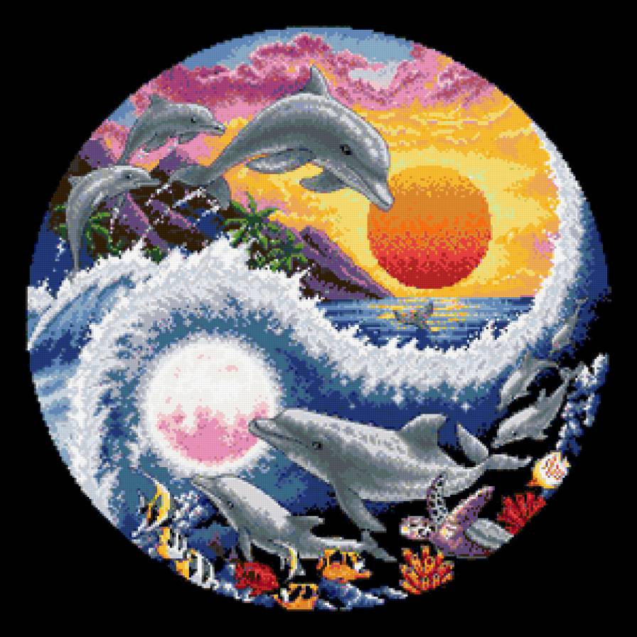 Подушка "Делфины" - подушка, пара, делфин, пейзаж, море - предпросмотр