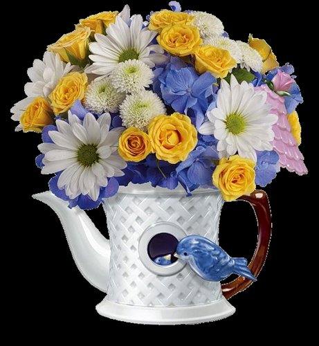 на черном фоне - букет, цветы, чайник - оригинал