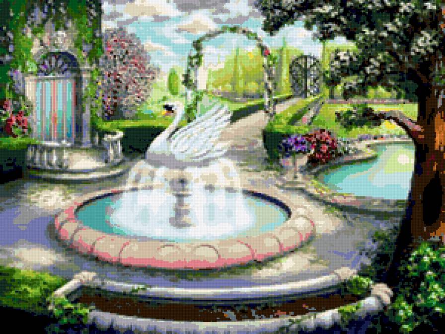 №256797 - фонтан, лебедь, пейзаж - предпросмотр