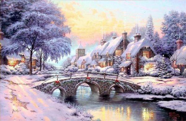 зима в деревне - картина природа пейзаж дом - оригинал