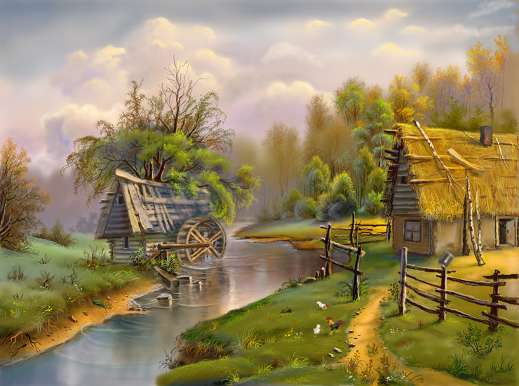 лето в деревне - картина пейзаж природа дом мельница - оригинал