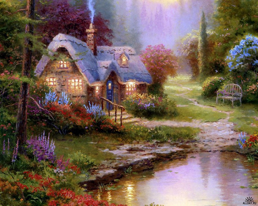 закат - природа картина пейзаж дом закат река - оригинал