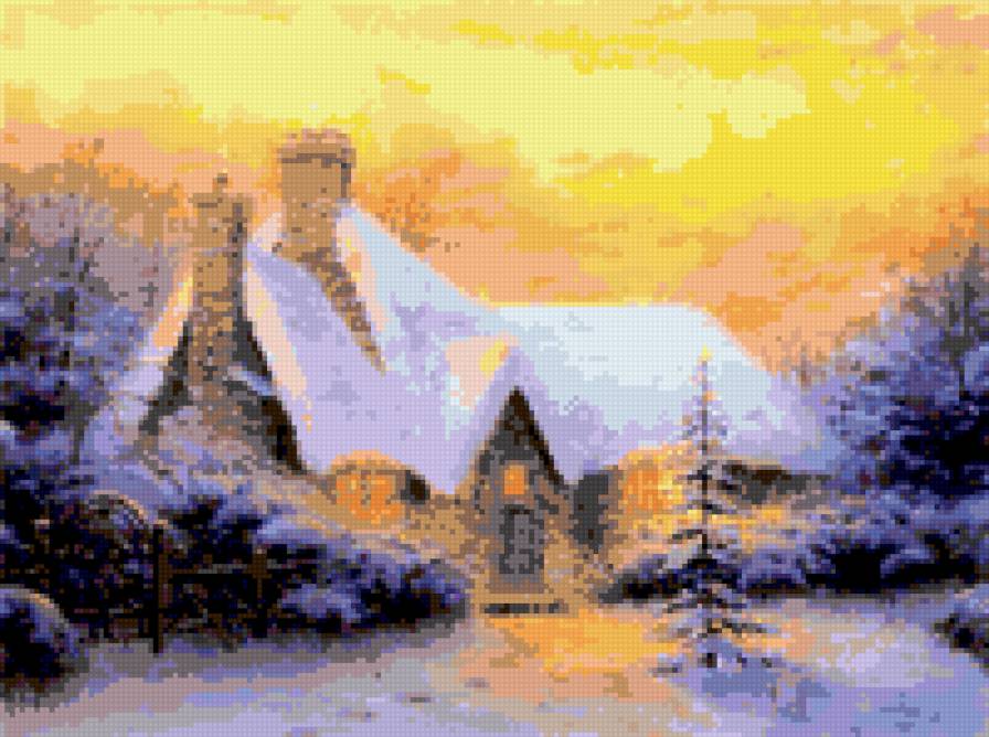 зимний вечер - картина природа пейзаж дом зима - предпросмотр