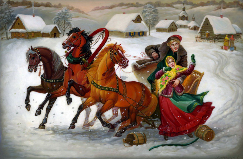Русская тройка - люди, лошади, зима - оригинал