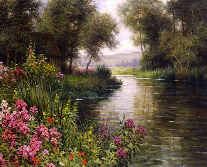 Река - берега, пейзаж, цветы, река, природа - оригинал