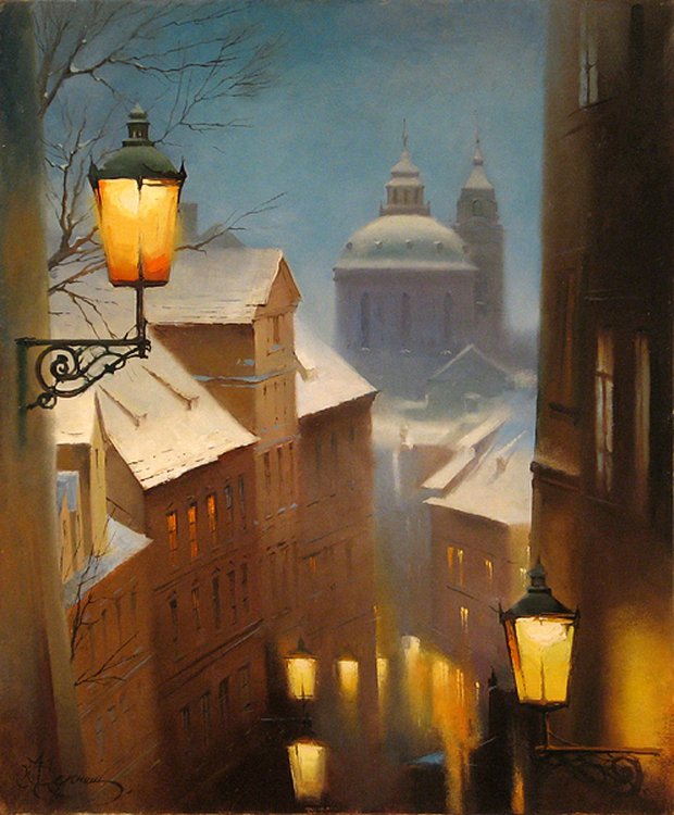 городской пейзаж - ночь, городской пейзаж, фонарь, зима - оригинал