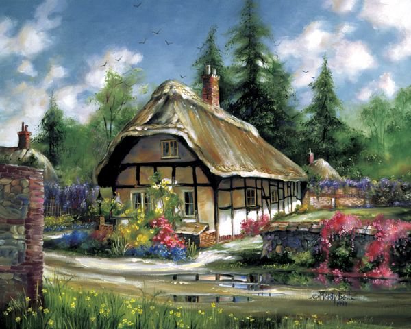 Серия "Пейзажи" - домик, пейзаж, дорога, лето, цветы - оригинал
