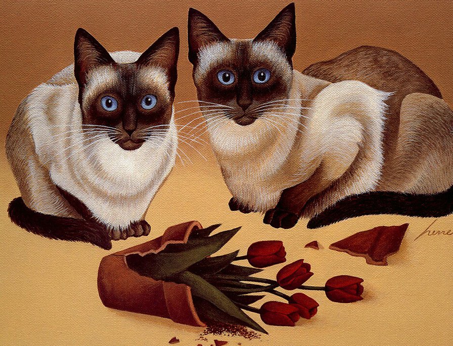 №257755 - кошки, картина, цветы - оригинал