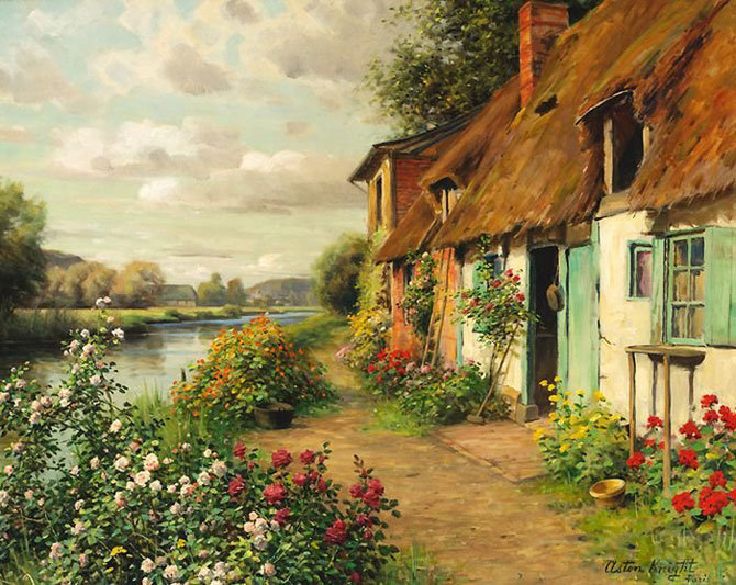 Дом в цветах у реки - пейзаж, строения, дом, цветы река - оригинал