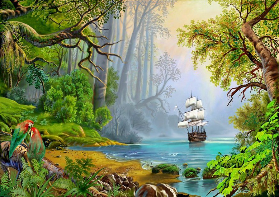 Пейзаж - лес, природа, корабль, пейзаж - оригинал