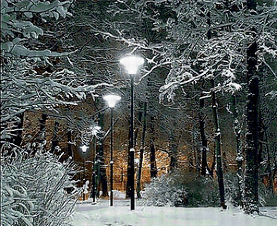 Ночная аллея - зима, аллея, фонари, парк - предпросмотр