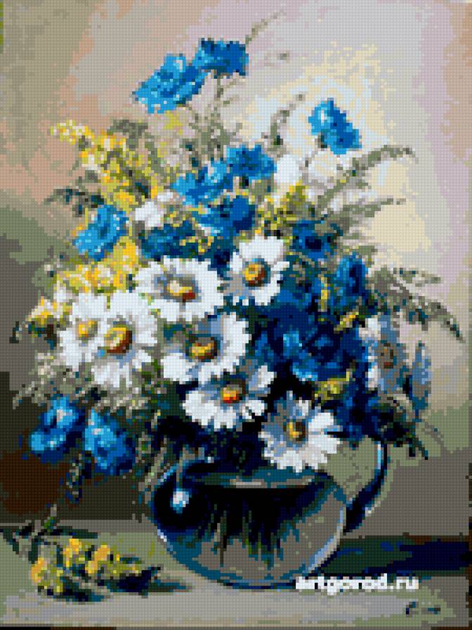 ромашки с васельками - картина натюрморт ваза цветы ромашки васельки - предпросмотр