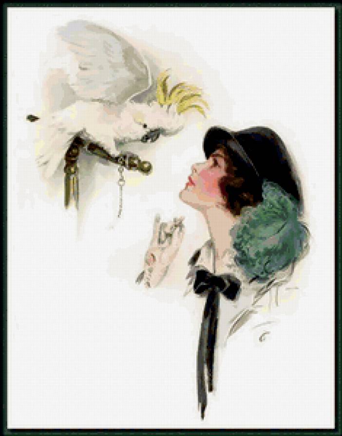 ДАМА С ПОПУГАЕМ - незнакомая, неизвестная, женщина, какаду, попугай белый, в шляпе - предпросмотр