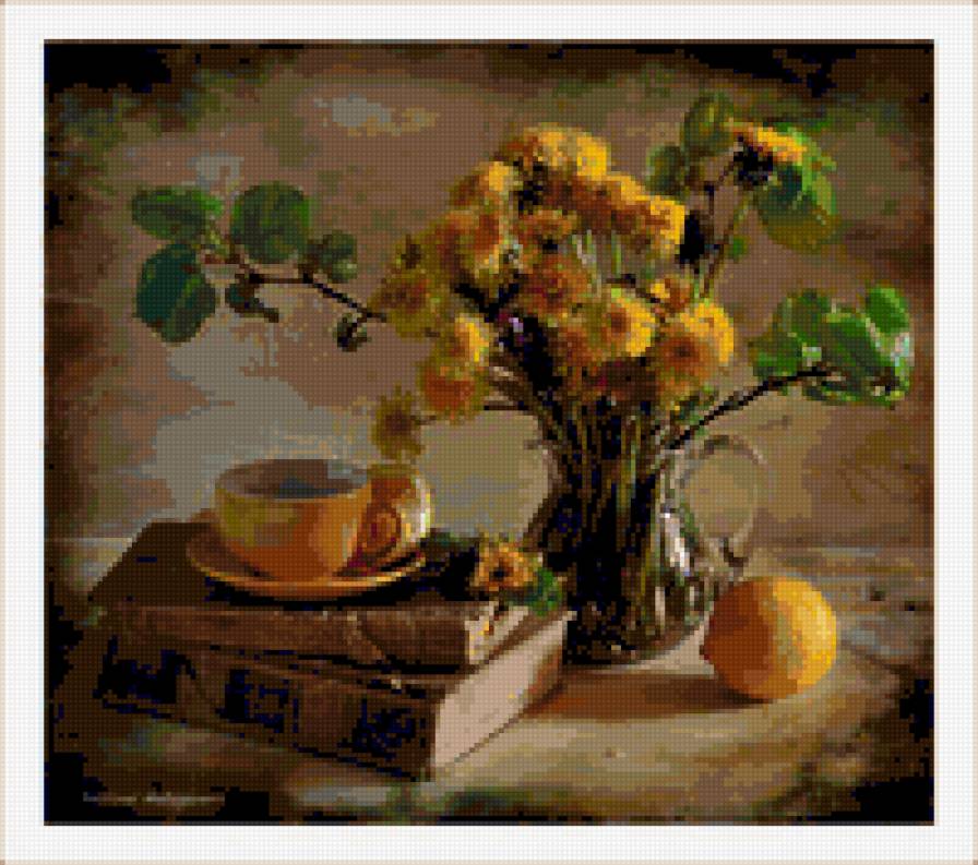 одуванчики - картина натюрморт цветы одуванчики ваза книги - предпросмотр