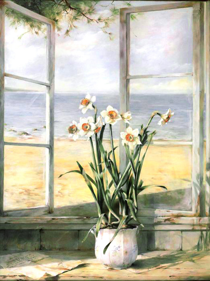 Окно - окно, цветы, море - оригинал