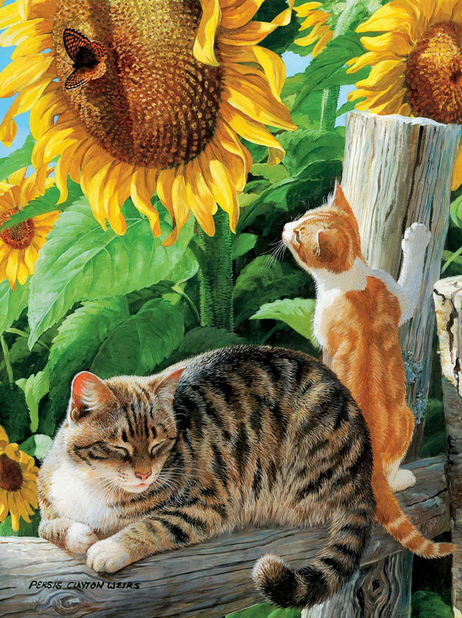 №259319 - кошки, цветы, картина - оригинал