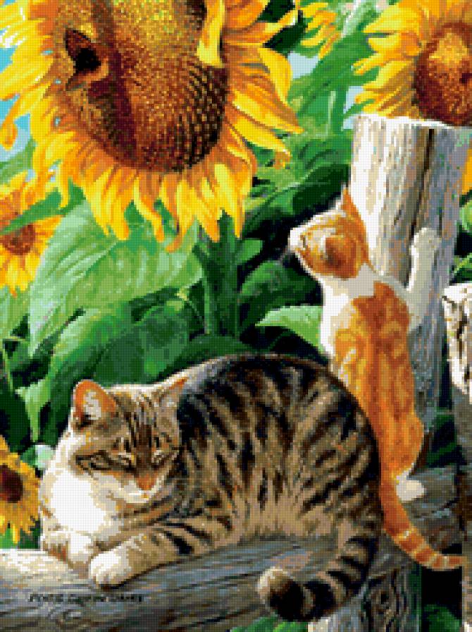 №259319 - кошки, цветы, картина - предпросмотр