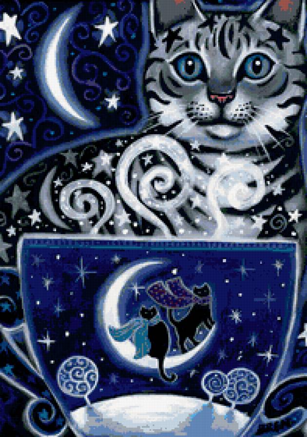 котик - кошка, зима, кошки, фентези, чай, ночь, кот, коты - предпросмотр