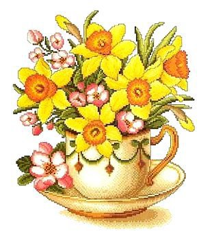 НАТЮРМОРТ С НАРЦЫСАМИ - чашка, букет, цветы, желтые цветы, композиция, для кухнии - оригинал