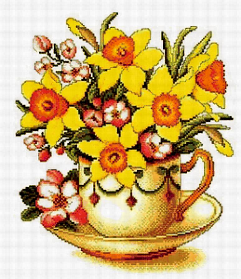 НАТЮРМОРТ С НАРЦЫСАМИ - цветы, композиция, для кухнии, чашка, букет, желтые цветы - предпросмотр