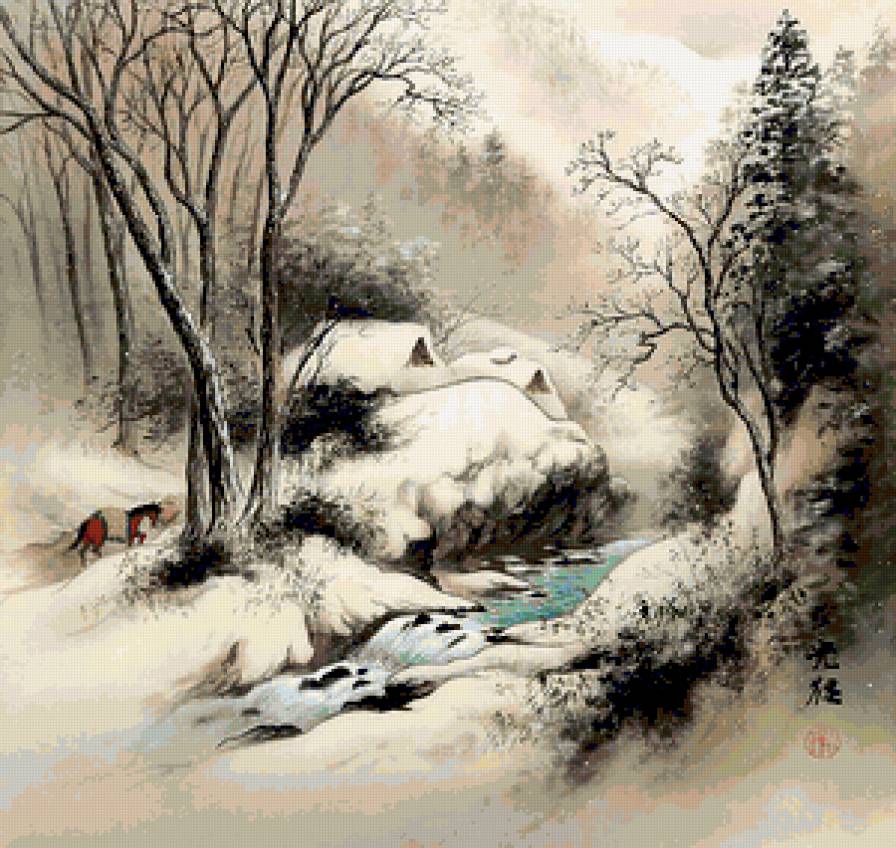 Серия "Пейзажи" - зима, домик, пейзаж, река, лошади, животные - предпросмотр