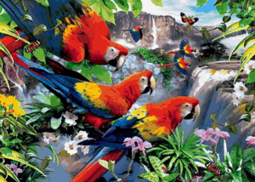 попугайчики - попугайчик, водопад, птицы, попугай, экзотика - предпросмотр