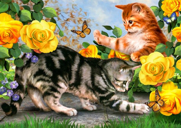 котята - животные, котенок, цветы, бабочки, кошечка, кошки, котик - оригинал