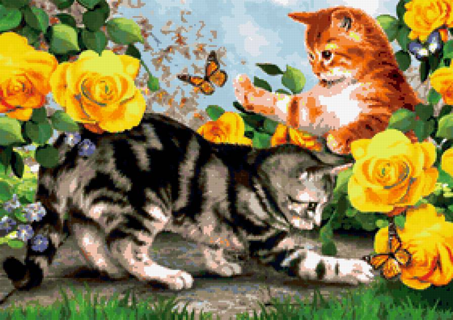 котята - бабочки, кошечка, кошки, цветы, котик, животные, котенок - предпросмотр