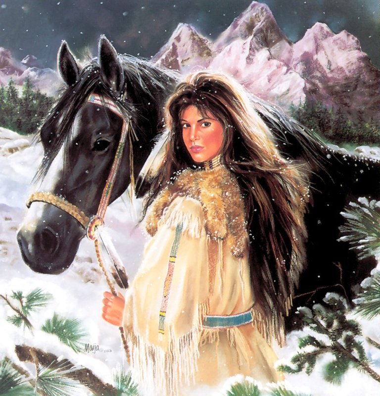 девушка и лошадь - женщина, горы, образ, зима, индейцы, лошади, мотив, животные, индейка - оригинал