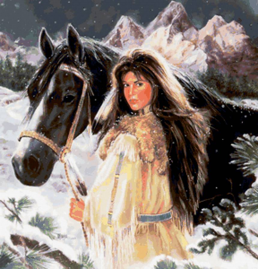 девушка и лошадь - индейцы, лошади, образ, горы, женщина, индейка, животные, зима, мотив - предпросмотр