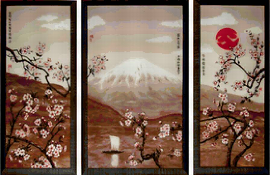 японская живопись,цветение сакуры - весна, сакура, картина, япония - предпросмотр