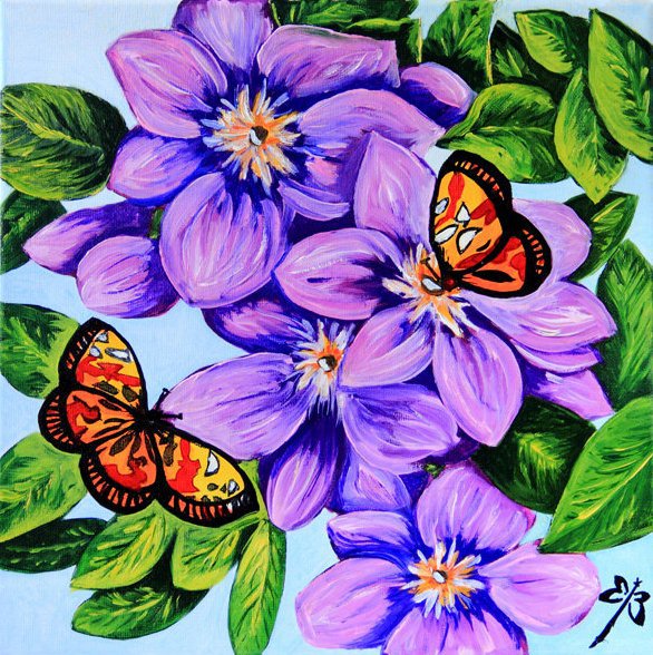 Клематисы и бабочки - цветы, цветы и бабочки, клематис, клематисы. природа, бабочки - оригинал