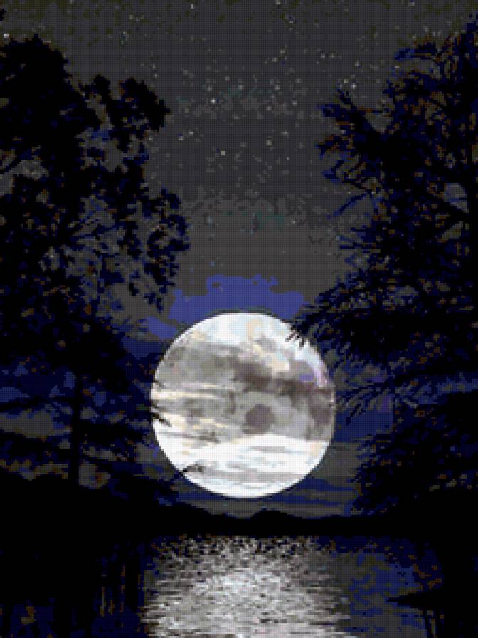 Лунная ночь - мостик, озеро, деревя, вода, луна, лес, пейзаж, река - предпросмотр