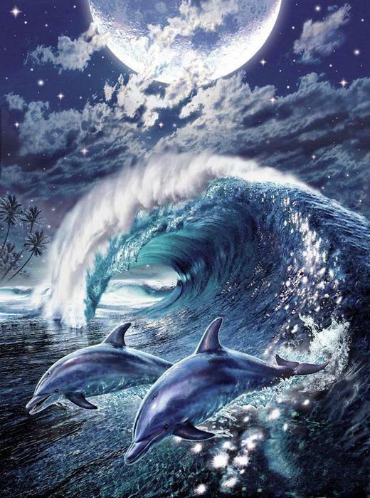 Дельфины в шторм - дельфины, шторм, море - оригинал