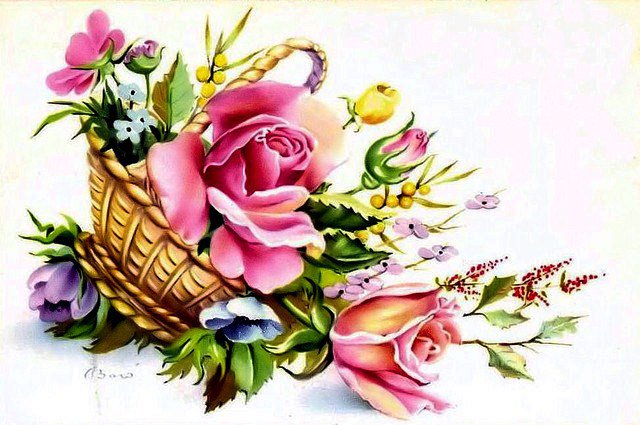 Розы и незабудки - душистые розы, винтаж, незабудки, розы, розочки, корзина, цветы - оригинал