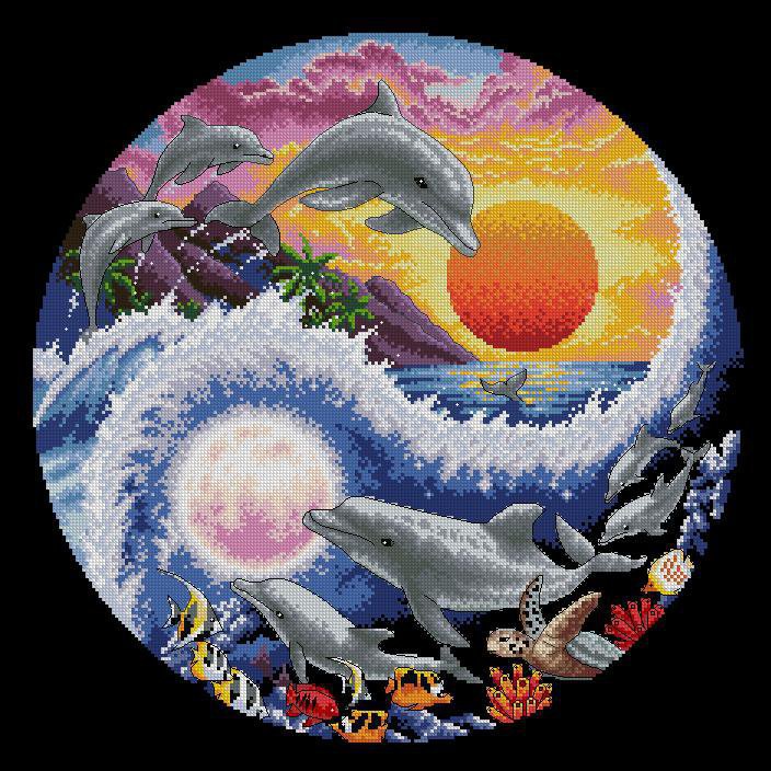 Бушующее море - дельфины, горы, закат, море, небо, волны, пальмы, картина - оригинал