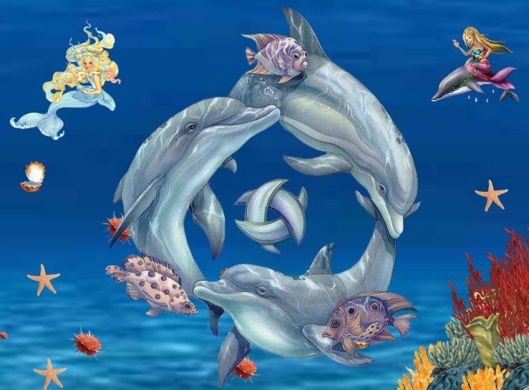 Трио - дельфины, море, волны, подводный мир, русалки, красота - оригинал