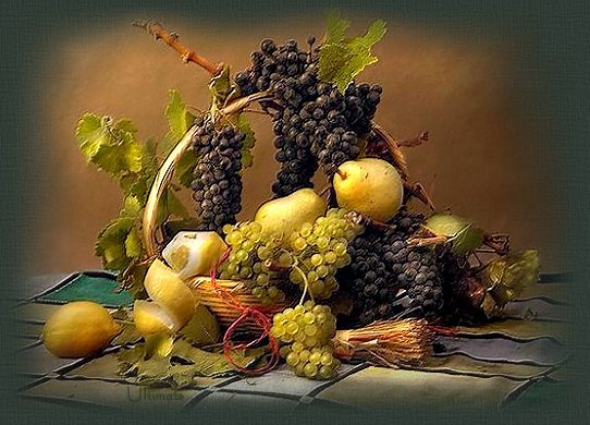 Натюрморт - натюрморт, фрукты, вкусно, виноград, картина - оригинал
