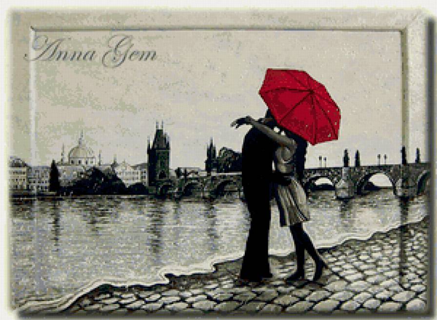 Поцелуй под дождем - мост, река, пара, зонт - предпросмотр