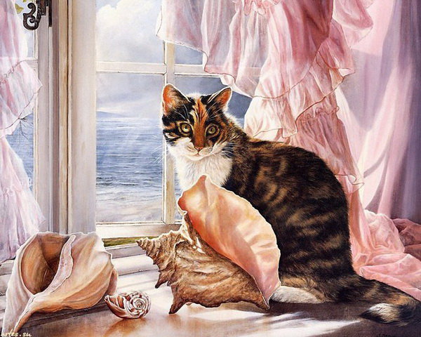 кошка на окошке - картина животные кошка - оригинал