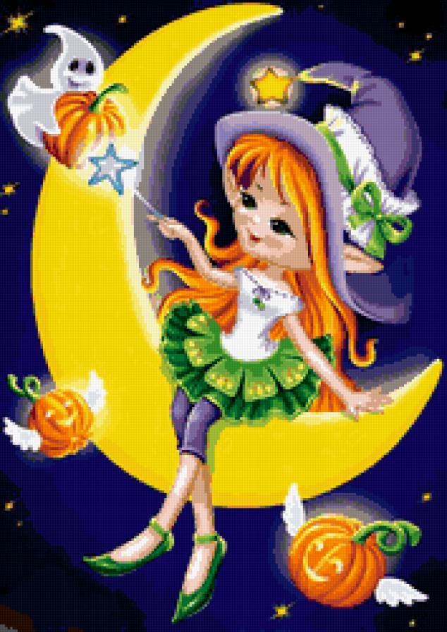 ведьмочка - девочка, месяц, осень, хеллоуин, тыква - предпросмотр