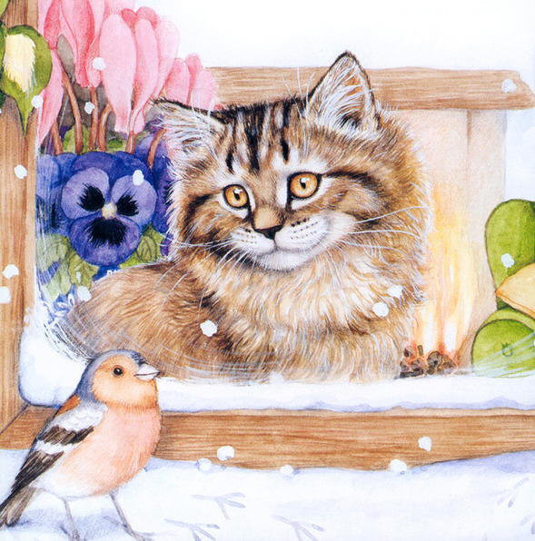 Подушка "ДРУЖБА" - животные, пейзаж, кошка, анютка, птичка, картина, окно - оригинал