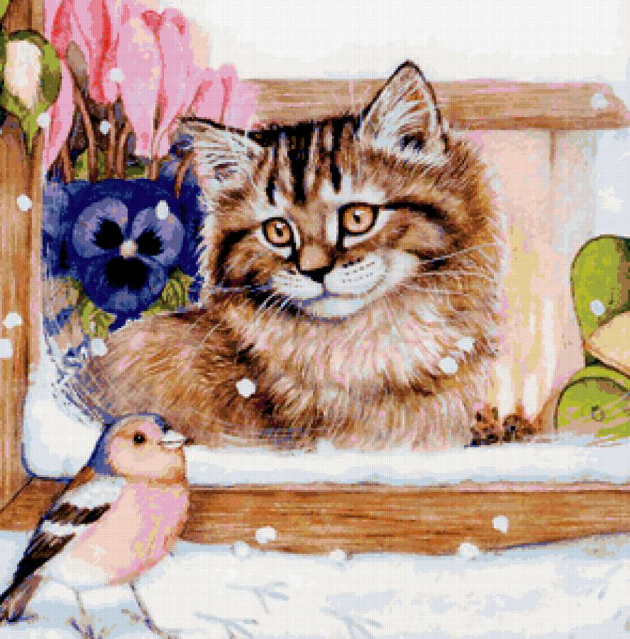Подушка "ДРУЖБА" - птичка, анютка, пейзаж, картина, кошка, животные, окно - предпросмотр