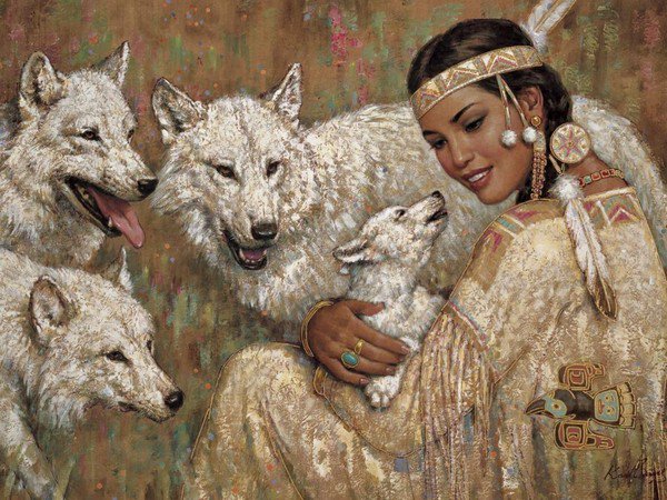 Девушка и волки - девушка, картина, волки, звери - оригинал