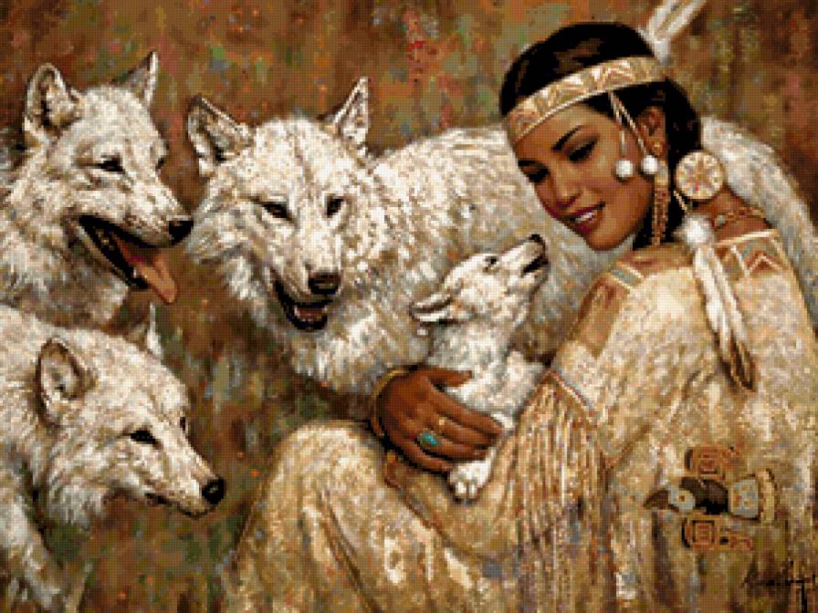 Девушка и волки - картина, звери, волки, девушка - предпросмотр